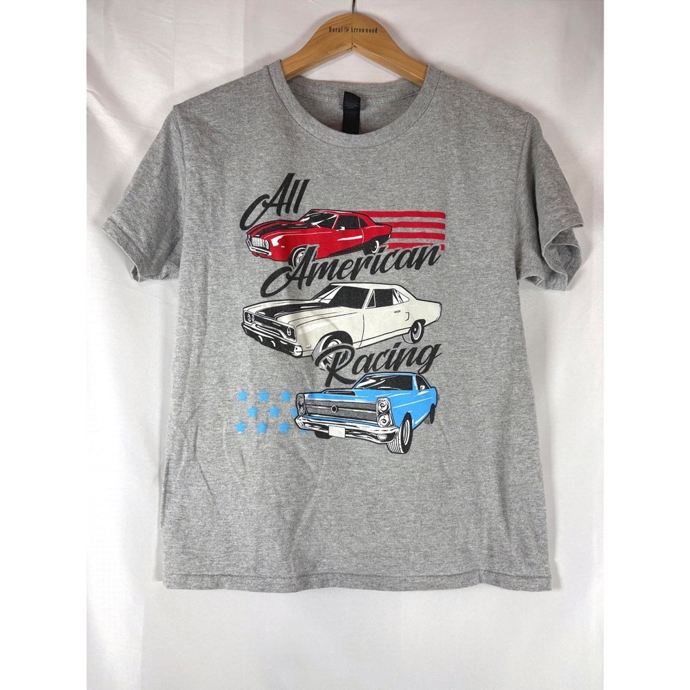 Gildan All American Racing Muscle Car Graphic T-Shirt Youth Med Gray Short Slv